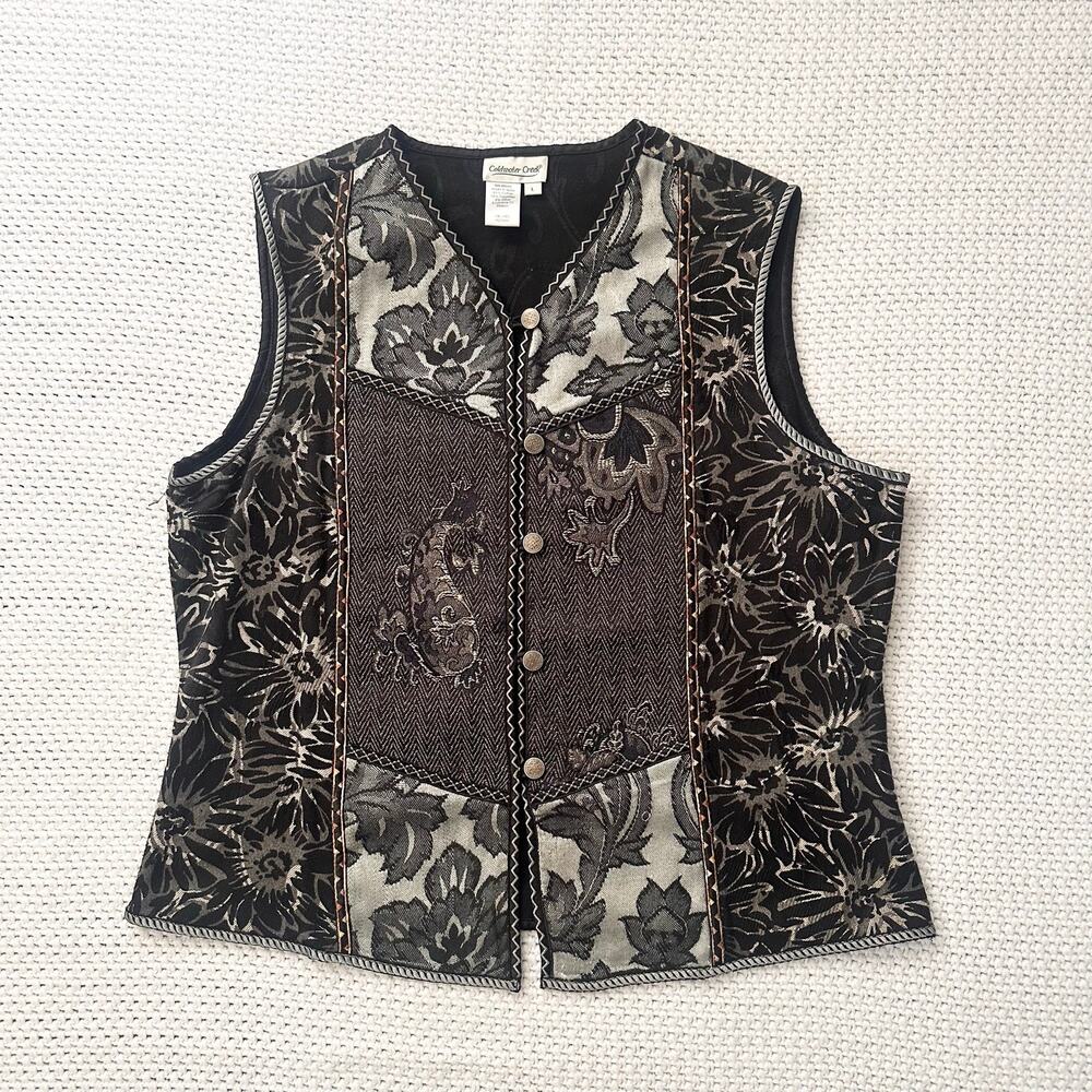 Coldwater Creek Vintage 90s Black Gray Brocade Patchwork Floral Vest Large